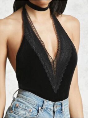 Forever 21 Black velvet bodysuit with lace trim plunge neckline